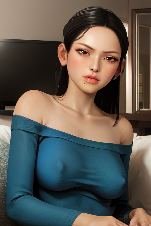 faye,lips,black hair,brown eyes,long hair, blush,  mole under mouth, 
sitting,blue sweater, off shoulder,  covered nipples,  collarbone, 
looking at viewer, solo ,upper body, see-through,   midriff, 
living room,blue couch,futuristic, coffee mug, 
(insanely detailed, beautiful detailed face, masterpiece, best quality),
<lora:faye:0.8>,