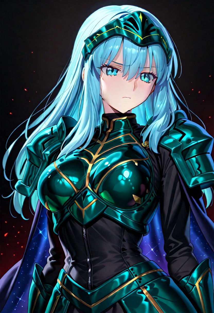 score_9, score_8_up, score_7_up, ((solo)), calm, pout, closed mouth, 1girl, solo, (medium breasts, thin waist, wide hips), peaceful, closed mouth, adult, (((eirika face))), (((cyan hair, cyan eyes))), ((long hair, hair between eyes)), (((indigo cape, metal headband, green metal_uniform, metal breast_armor))), no background, dark background, cowboy shot, dark background, portrait, Expressiveh,
