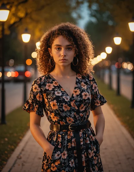 Midshot, woman, dusk setting, outdoor, floral dress, black belt, standing, bokeh background, street lights, tree-lined pathway, medium shot, contemplative expression, curly hair, natural makeup, hoop earrings, hand in pocket, warm color tone, blurred background, shallow depth of field, fashionable attire, young adult, dusk lighting
