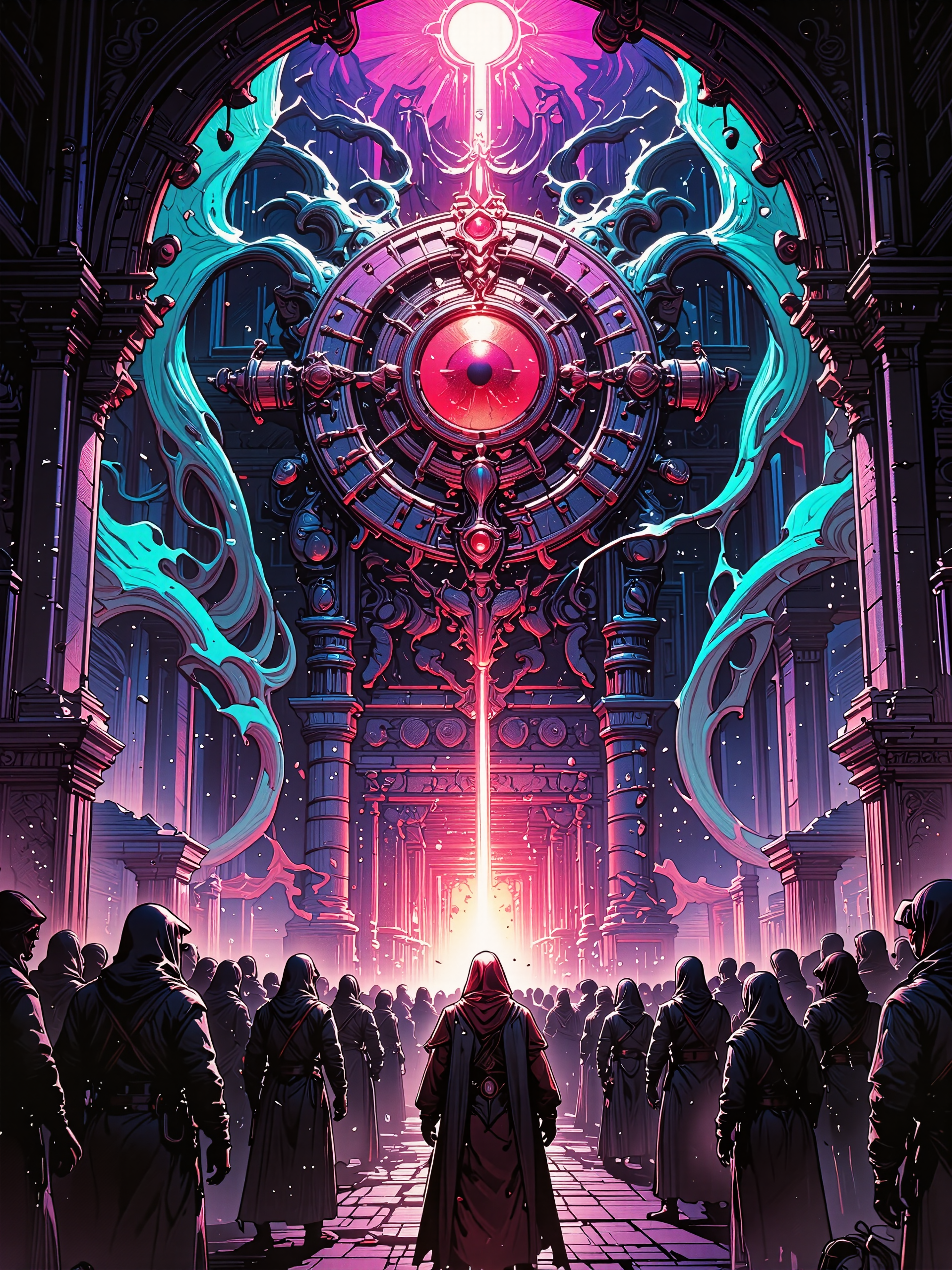 famous fantasy painting of a strange eldritch portal, archway, magic portal, a crowd of hooded robed figures gathers around the mysterious structure, highly aesthetic, high resolution, hyper realistic, 8k, 4k, low angle view, dramatic composition, epic, accurate, at night, dim lighting, beckoning, the children of the night, the spirits of the undead, and the lesser lights, now the time has come to reach out, we must heed their calls, when strange gateways beckon, obsidian black and royal purple and peacock blue and bordeaux red and ebony black and deep teal, deadly yet beautiful, ancient temple background with ominous lighting, crawling chaos, eldritch vapors, eldritch glow, ethereal light, lovecraftian, cthulhu mythos, dvr-dm-flux, g0thicl1nes, <lora:style-dan_mumford-flux-by_dever:0.8> <lora:style-mythic_fantasy-gothic_lines-flux-by_velvets:0.88> <lora:style-retro_anime-flux-by_lizardman245:0.24> <lora:epic_gorgeous_details-balance-flux-by_flyway:0.48>