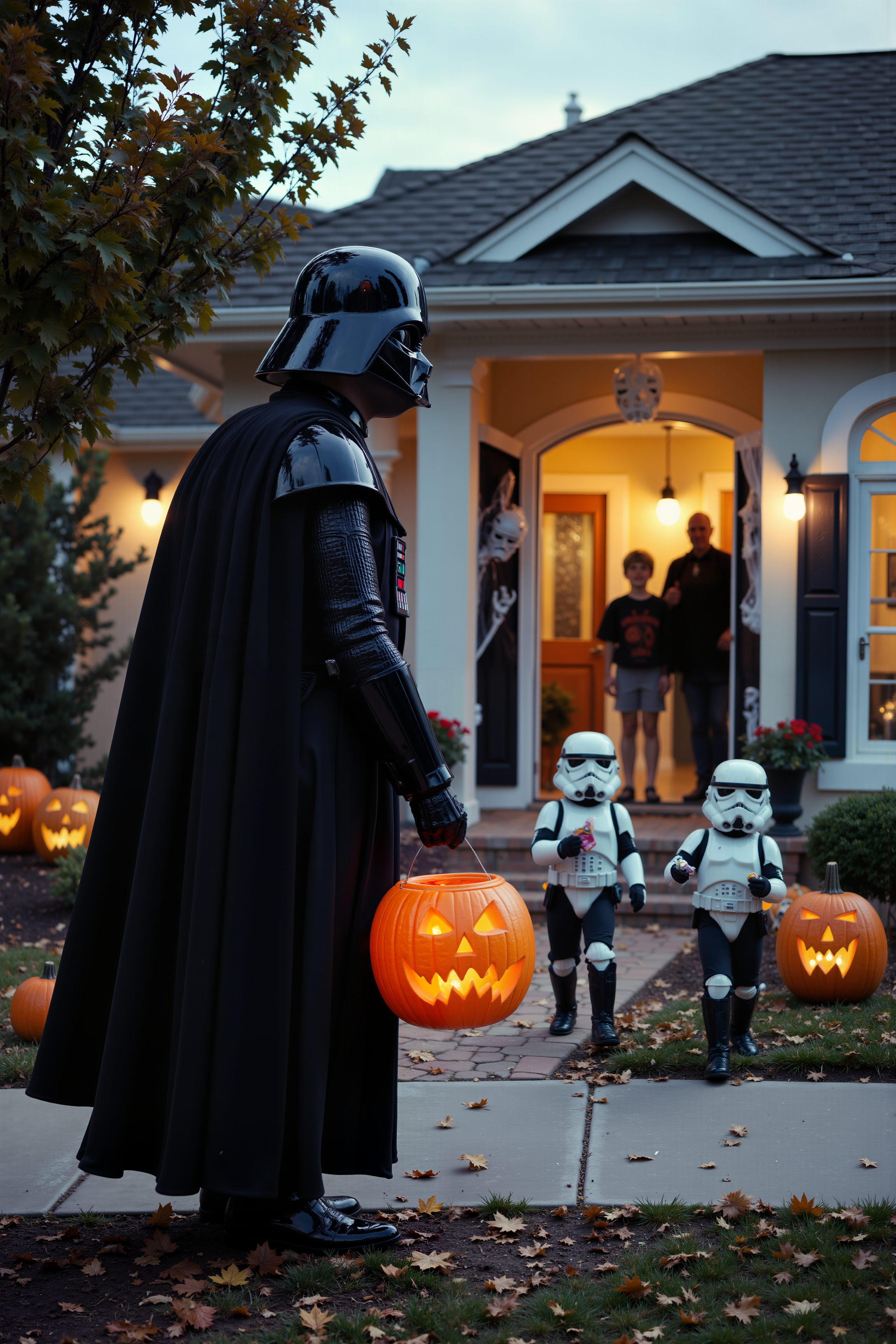 A comical scene of Darth Vader trick-or-treating door to door in a suburban neighborhood, with a small, glowing orange pumpkin bucket in hand. His imposing black armor contrasts with the cute, childlike moment, as he stands in front of a house decorated with skeletons and cobwebs. The door opens, revealing a stunned family handing out candy, while Vaderâs cape billows slightly in the autumn wind. The front yard is full of jack-o'-lanterns, and children dressed as stormtroopers follow behind, giggling as they hold their own candy bags.<lora:aidmaMJ6.1-FLUX-V0.1:0.6><lora:Movie_Portrait><lora:Flux DetailerV2>