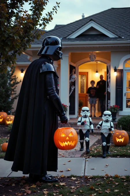 A comical scene of Darth Vader trick-or-treating door to door in a suburban neighborhood, with a small, glowing orange pumpkin bucket in hand. His imposing black armor contrasts with the cute, childlike moment, as he stands in front of a house decorated with skeletons and cobwebs. The door opens, revealing a stunned family handing out candy, while Vaderâs cape billows slightly in the autumn wind. The front yard is full of jack-o'-lanterns, and children dressed as stormtroopers follow behind, giggling as they hold their own candy bags.<lora:aidmaMJ6.1-FLUX-V0.1:0.6><lora:Movie_Portrait><lora:Flux DetailerV2>