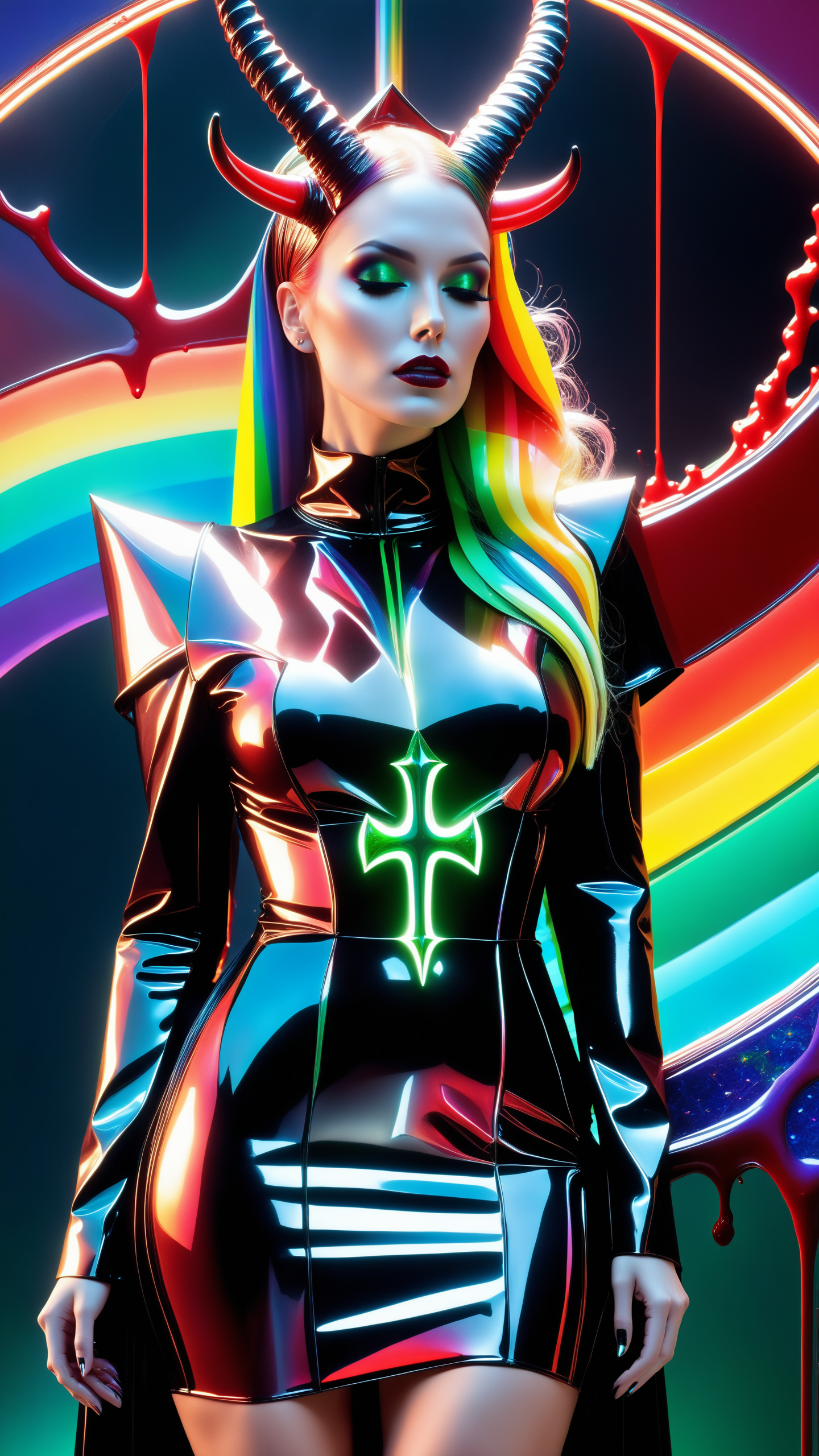 frilly hairstyle, latex dress, <lora:xl_yamer_style-1.0:1>, torso, body, 8k, ultra-detailed, highres, rainbow skin, shattered glass effect, (best quality, masterpiece:1.2), (deformad neon light:1.3), soft particles of fractal fire, volumetric lighting, (masterpiece, best quality), 1girl, intricate details, 8k, artstation, wallpaper, official art, splash art, sharp focus, dark atmosphere, black coat, black dress, white sleeves, sleeves past finger, sleeves past wrists, horns, (cottagetore), (geometric:1.2), futurism, impressionist, detailed, majestic, breathtaking, (suggestive:1.3), (depressing:1.3), (cute:1.2), enticing, (irresistible:1.3), disturbing, fascinating, (magnetic:1.2), (green), latex clothing, suggestive position, latex costume, Depth of field, vivid color, rainbow bloody veins growing and intertwining out of the darkness, (nailed wire), oozing thick blue blood, sharp neon, veins growing and pumping blood, vascular networks growing, under water