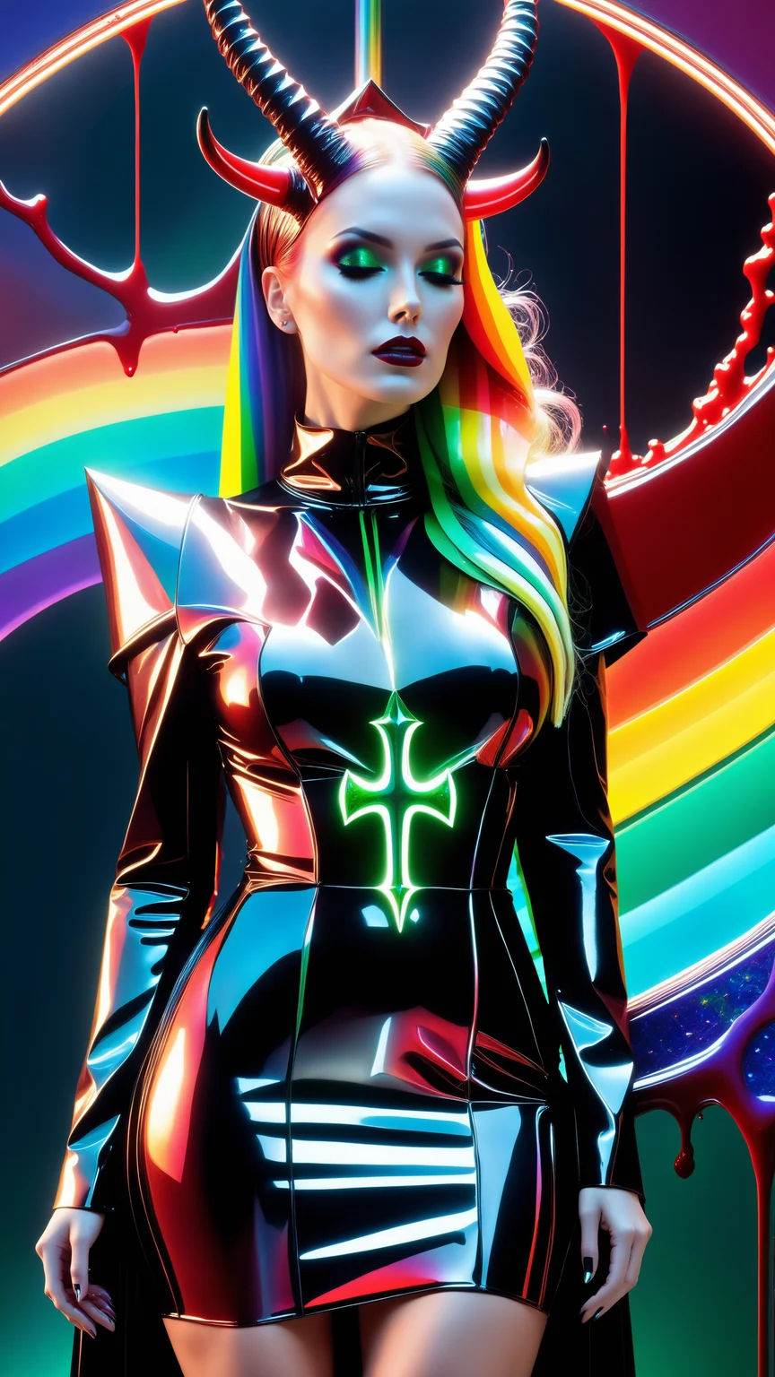 frilly hairstyle, latex dress, <lora:xl_yamer_style-1.0:1>, torso, body, 8k, ultra-detailed, highres, rainbow skin, shattered glass effect, (best quality, masterpiece:1.2), (deformad neon light:1.3), soft particles of fractal fire, volumetric lighting, (masterpiece, best quality), 1girl, intricate details, 8k, artstation, wallpaper, official art, splash art, sharp focus, dark atmosphere, black coat, black dress, white sleeves, sleeves past finger, sleeves past wrists, horns, (cottagetore), (geometric:1.2), futurism, impressionist, detailed, majestic, breathtaking, (suggestive:1.3), (depressing:1.3), (cute:1.2), enticing, (irresistible:1.3), disturbing, fascinating, (magnetic:1.2), (green), latex clothing, suggestive position, latex costume, Depth of field, vivid color, rainbow bloody veins growing and intertwining out of the darkness, (nailed wire), oozing thick blue blood, sharp neon, veins growing and pumping blood, vascular networks growing, under water