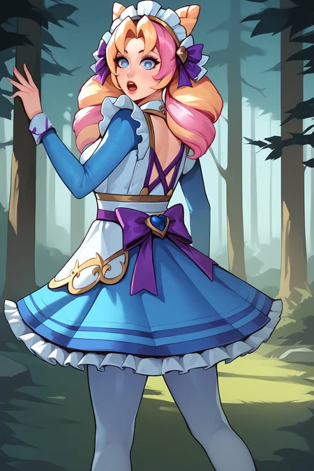 score_9, score_8_up, score_7_up, score_6_up, BREAK, GwenCafeCXL, blue eyes, one eye star-shaped pupil, blonde hair, pink hair, multicolored hair, twin drills, double buns, parted bangs, maid headdress, purple bow, medium breasts, maid, purple bowtie, blue dress, long sleeves, blue skirt, white pantyhose, solo, standing, from behind, ass focus, big ass, surprised, looking at viewer, forest, tree <lora:GwenCafeCXL:0.9>