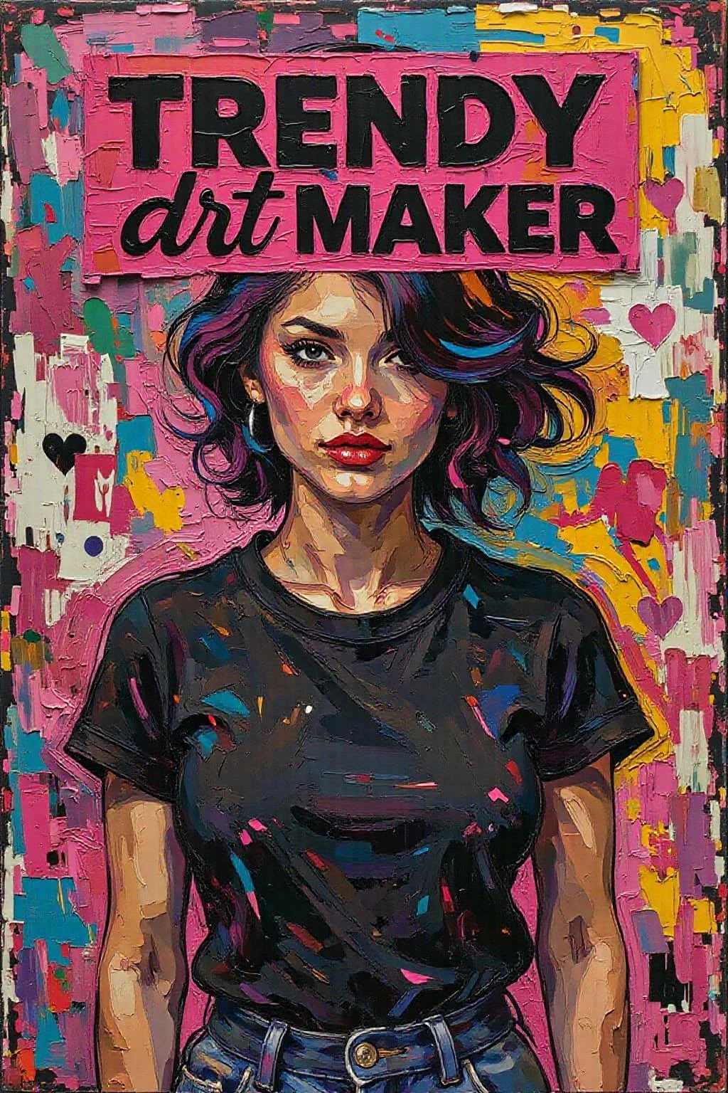 impasto oil painting. A vibrant, abstract illustration. A digital illustration of a female figure with large breasts,wearing a black t-shirt. The grunge style blends with frutiger style elements, featuring beautiful vector shapes in a colorful, minimalistic composition reminiscent of 2004 aesthetics. A text block above her head reads TRENDY ART MAKER in bold, swirling script, incorporating the symbols ×, ⏺️, and ❤️. The gradient background adds depth, while sharp details and oversaturated colors create an eye-catching, high-quality artwork that blends vector art with mixed media. This original piece exudes a sense of trendiness, vintage flair, and award-winning quality, making it NSFW. artint, vivid colors,impasto oil painting    <lora:Flux-Sch-SingleBlocks-BF16:1.0> <lora:impasto6_cap_d6a3e11:1.0><lora:804333674154709339:0>