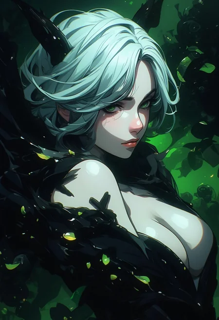 An Acrylic style painting that is expressive, gives it a dynamic and emotional quality. Anime art of a stylized portrait of a woman with a ethereal black and green mist surrounding her body. The mist creates a dramatic and surreal effect. The woman has a cold aesthetic, complimented by her white hair. Anime art of woman draped in shadows with a lighting that enhances her unique features.
The background is dark green, filled with black rose petals.