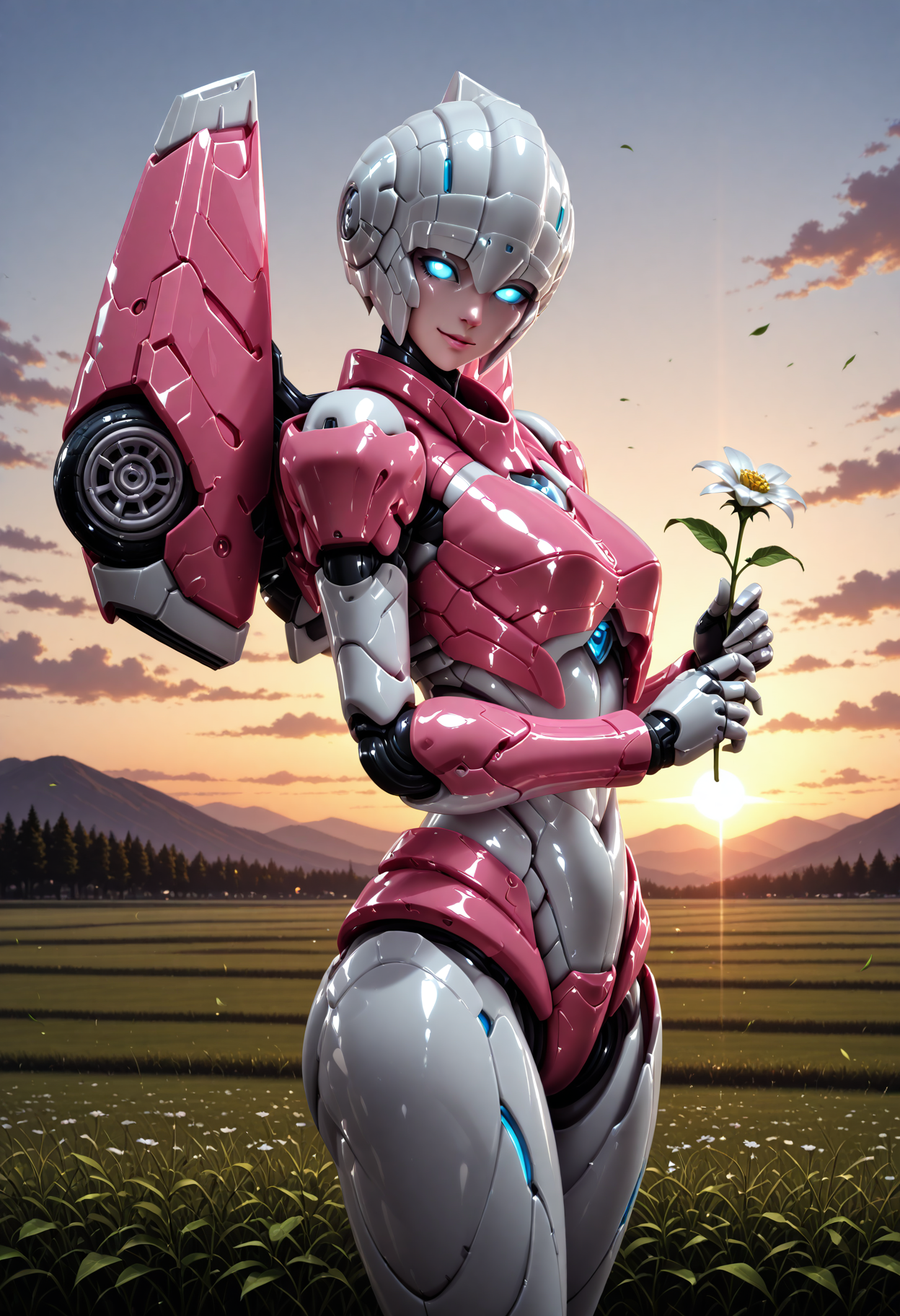 masterpiece, best quality, good quality, very aesthetic, hyper detailed, digital painting, trending on ArtStation, absurdres, newest, 8K, anime screencap, anime coloring, detailed background, offical art, very aesthetics of fine arts, <lora:spo_sdxl_10ep_4k-data_lora_webui:1>, lazypos, <lora:Latex_MBA_style:1>, perfect anatomy, <lora:prompt_extend:1>, <lora:wai-Rectified-s:1>, 
<lora:furaiarceeTF-IL:1>, furaiarcee\(transformers\), 1girl, mecha, robot, autobots, blue eyes, glowing eyes, no pupils, breasts, solo, no humans, science fiction, <lora:handPatchUnet:1>, detailed_hands, elegant_fingers, (petite), cute face, makeup, cowboy shot, panorama, looking at viewer, outdoors, falling leaves, sunset, hill, flowers, holding flowers, sky, cloud, serene smile, from side, cinematic lights, dramatic angle, ultra_beautiful