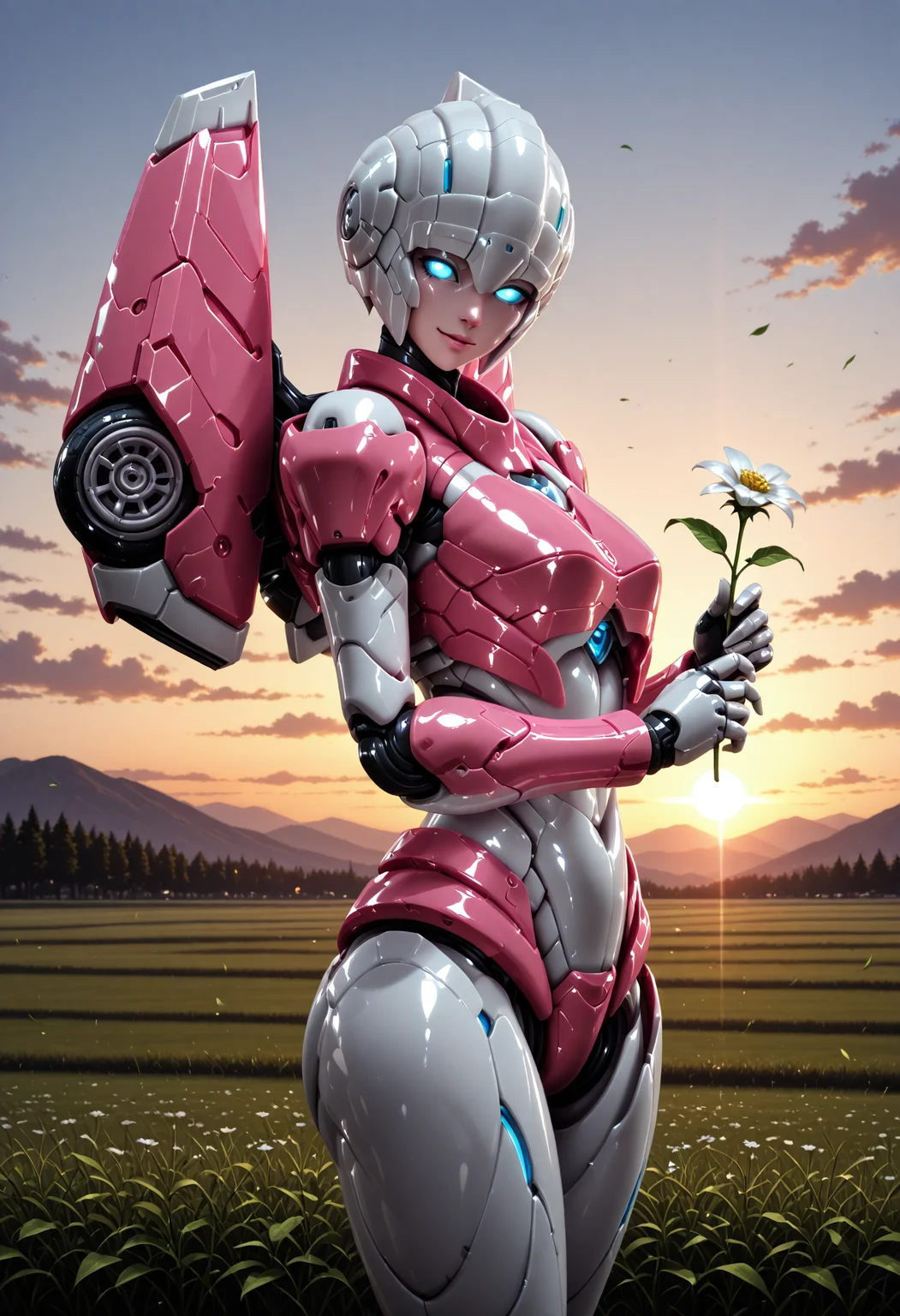 masterpiece, best quality, good quality, very aesthetic, hyper detailed, digital painting, trending on ArtStation, absurdres, newest, 8K, anime screencap, anime coloring, detailed background, offical art, very aesthetics of fine arts, <lora:spo_sdxl_10ep_4k-data_lora_webui:1>, lazypos, <lora:Latex_MBA_style:1>, perfect anatomy, <lora:prompt_extend:1>, <lora:wai-Rectified-s:1>,
<lora:furaiarceeTF-IL:1>, furaiarcee\(transformers\), 1girl, mecha, robot, autobots, blue eyes, glowing eyes, no pupils, breasts, solo, no humans, science fiction, <lora:handPatchUnet:1>, detailed_hands, elegant_fingers, (petite), cute face, makeup, cowboy shot, panorama, looking at viewer, outdoors, falling leaves, sunset, hill, flowers, holding flowers, sky, cloud, serene smile, from side, cinematic lights, dramatic angle, ultra_beautiful