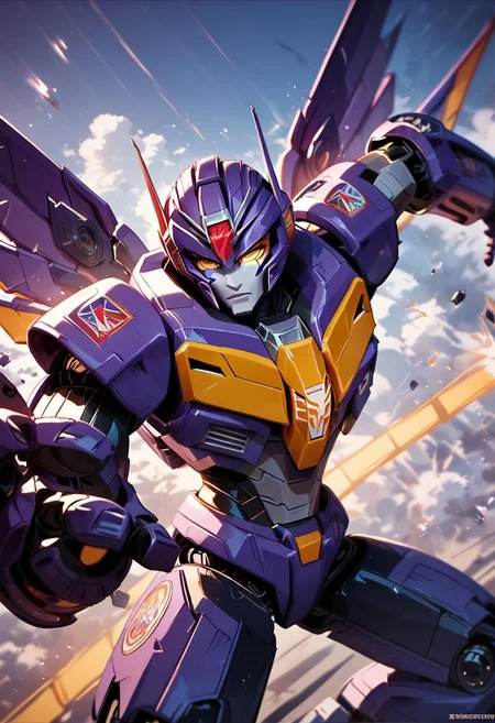 score_9_up, score_8_up, score_7_up,score_6_up, rating_safe, style_comics, transformers g1, transformers, starscream, robot with jet wings, yellow cockpit in middle of chest, fans on sides of chest, vents on sides of head, red and silver, action pose,