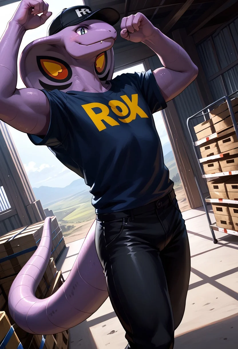 score_9, score_8_up, score_7_up, score_6_up, score_5_up, (dutch angle), (solo, male_focus), (arbok, snake, pokemon, anthro, wearing rocket sleeve shirt, black pants, black cap with red R), (holding a large vault, dynamic pose), (warehouse, indoor), (extremely detailed background, detailed landscape), (extremely detailed, masterpiece, high quality)