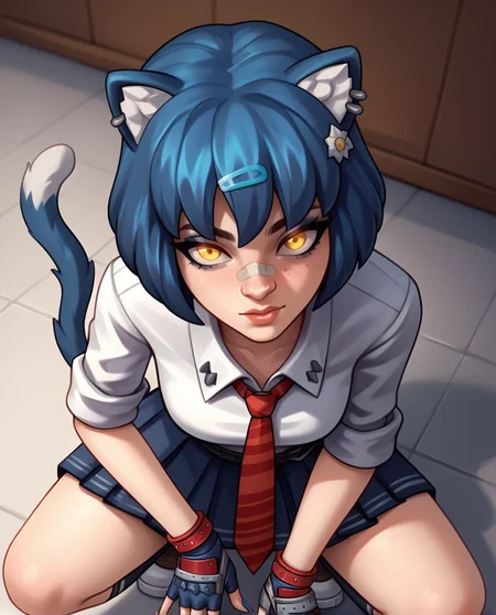 score_9, score_8_up, score_7_up, score_6_up, score_5_up, score_4_up,
BREAK
school_maeve, schoolgirl maeve outfit, bandaid on nose, blue gloves, squatting, intensive angle, close up, high angle, from side, looking at viewer
BREAK
<lora:SchoolMaeve2:0.8>,