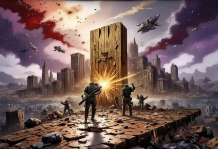 The dramatic moment of the planet Cadia from Warhammer 40,000, a colossal world of towering fortifications and industrial might, shattering into countless jagged pieces as it succumbs to the overwhelming forces of chaos. The once-majestic planet now resembles the iconic Plank from the animated series Ed, Edd, and Eddy, which was also known to have an unpredictable and explosive fate. The remnants of Cadia's cities are scattered across the space debris, their structural integrity compromised, as if they were merely cardboard creations in the hands of cosmic vandals. The vibrant colors of the planet's atmosphere have been replaced by a swirling maelstrom of dark purples and reds, reminiscent of the chaotic universe that has claimed it. Amidst the cosmic wreckage, the silhouettes of valiant space marines can be seen fighting against the relentless tide of enemy forces, a testament to the fierce defense that was once mounted on the planet's surface. In the background, the ominous forms of Warp-tainted vessels loom, their twisted silhouettes punching through the remnants of Cadia's shattered skyline. The stark contrast between the grim futuristic battle and the playful, cartoonish aesthetic of the Plank is a jarring yet poignant reminder of the fragility of existence, even in the most steadfast bastions of humanity's hope.