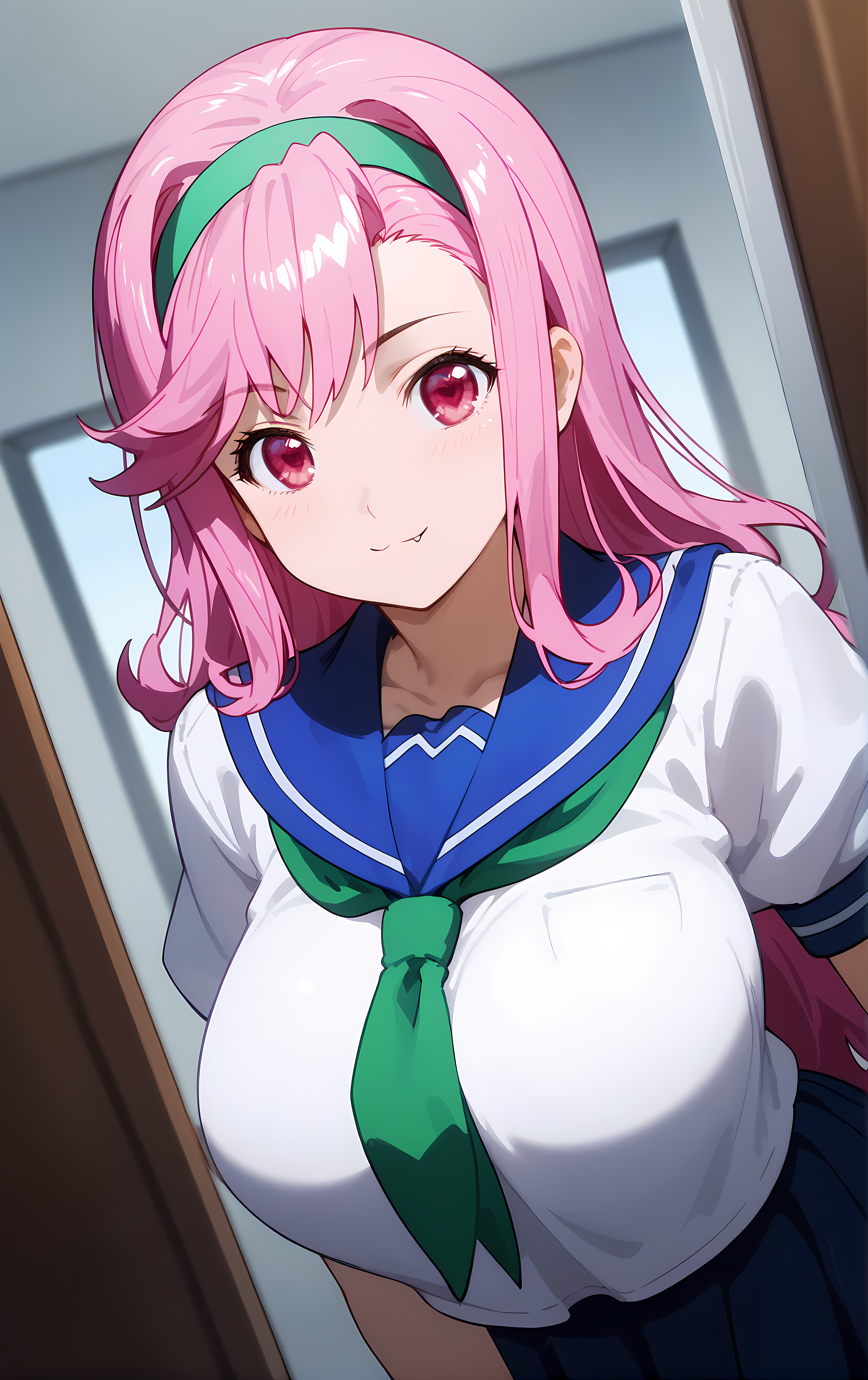 (score_9, score_8_up, score_7_up), standing, leaning forward, looking at viewer, light smile, closed mouth, shiny skin, tight clothes,
ohwx, 1girl, solo, pink_hair, long_hair, hairband, pink_eyes, red eyes, heart, fang, fang_out, breasts, large_breasts,
school_uniform, serafuku,
fitting room,
cowboy shot, dutch angle, close-up,
 <lora:shiria_ootsuka_pony_ss:1>