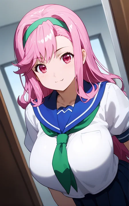 (score_9, score_8_up, score_7_up), standing, leaning forward, looking at viewer, light smile, closed mouth, shiny skin, tight clothes,
ohwx, 1girl, solo, pink_hair, long_hair, hairband, pink_eyes, red eyes, heart, fang, fang_out, breasts, large_breasts,
school_uniform, serafuku,
fitting room,
cowboy shot, dutch angle, close-up,
<lora:shiria_ootsuka_pony_ss:1>