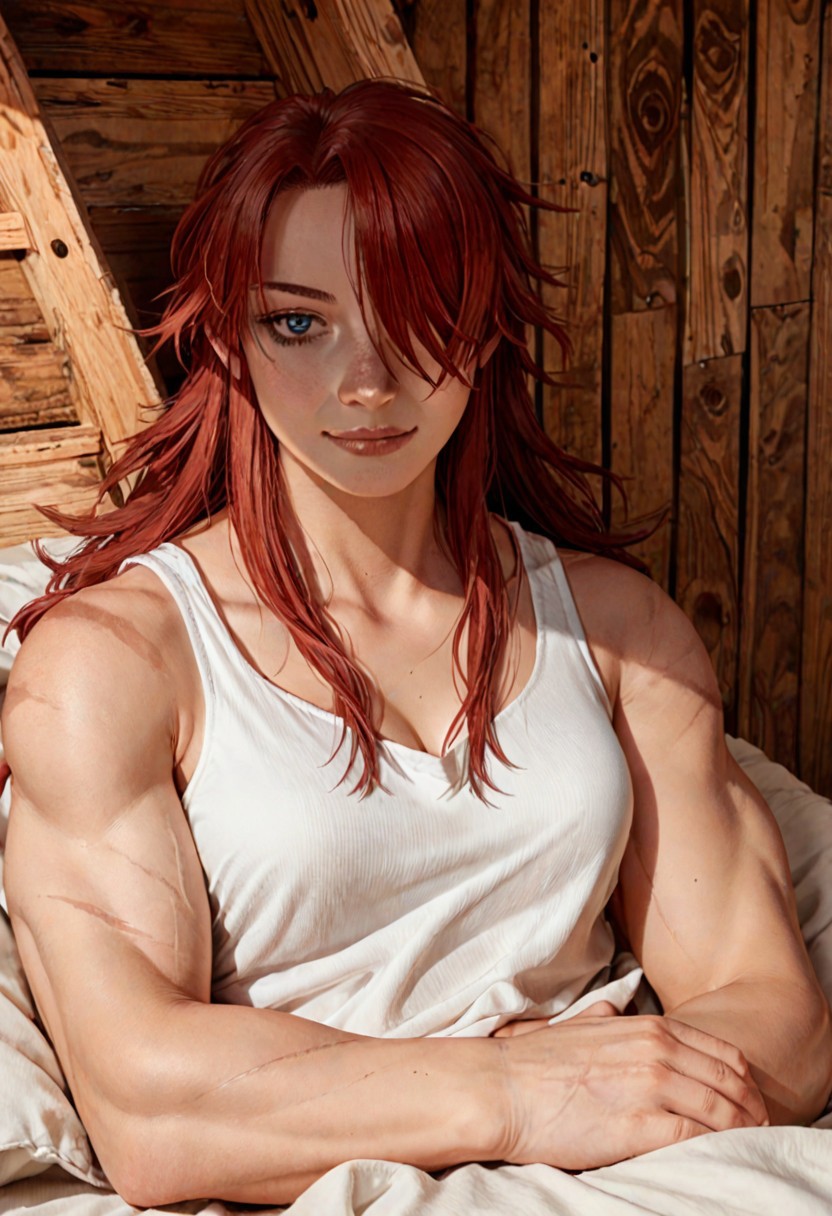score_9, score_8_up, score_7_up, score_6_up, colored manga style, BREAK Anv4rc3nt, 1girl, solo, long hair, red hair, blue eye, hair over one eye, muscular female, white tank top, scars, lying, bed daytime, smile, wood cabin, highly detailed, beautiful art, beautiful background, beautiful lighting