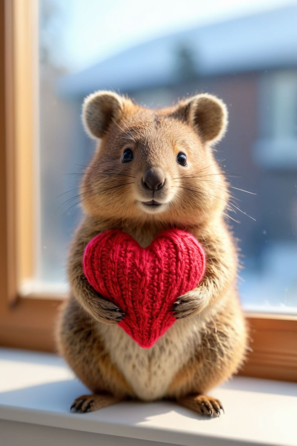 an extremely cute Quokka sitting on a window sill holding a knitted heart as a valentine's gift for the viewer, open window background, looking at viewer, extremely detailed, very fluffy fur,
4k, hdr,
 <lora:add-detail-xl:2>