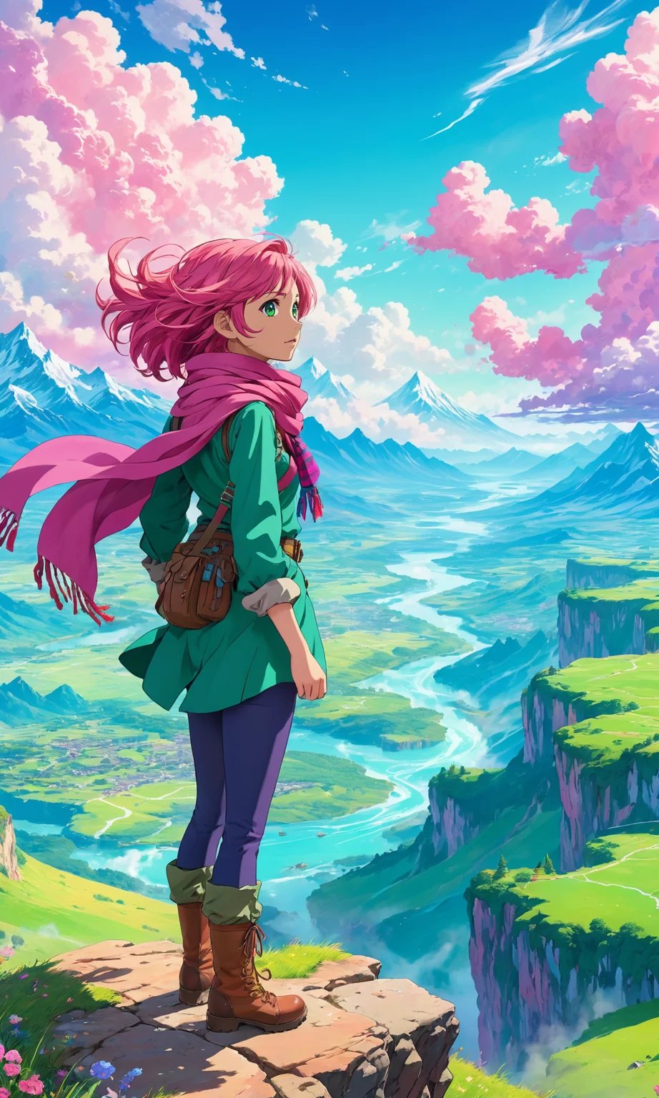 2D anime style, anime screencap, a young adventurer standing on a cliff, overlooking a vast, breathtaking landscape bathed in vibrant, colorful light. The sky is filled with dynamic clouds in hues of pink, blue, and green, creating a surreal atmosphere. The horizon stretches out, showcasing a patchwork of lush valleys, rivers, and distant mountains. The adventurer's hair and scarf flutter in the wind, adding a sense of motion. High detail and complexity, bright colors, dynamic lighting, extremely exaggerated and vivid background, inspiring and adventurous atmosphere