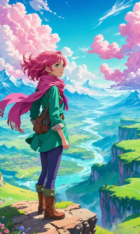 2D anime style, anime screencap, a young adventurer standing on a cliff, overlooking a vast, breathtaking landscape bathed in vibrant, colorful light. The sky is filled with dynamic clouds in hues of pink, blue, and green, creating a surreal atmosphere. The horizon stretches out, showcasing a patchwork of lush valleys, rivers, and distant mountains. The adventurer's hair and scarf flutter in the wind, adding a sense of motion. High detail and complexity, bright colors, dynamic lighting, extremely exaggerated and vivid background, inspiring and adventurous atmosphere