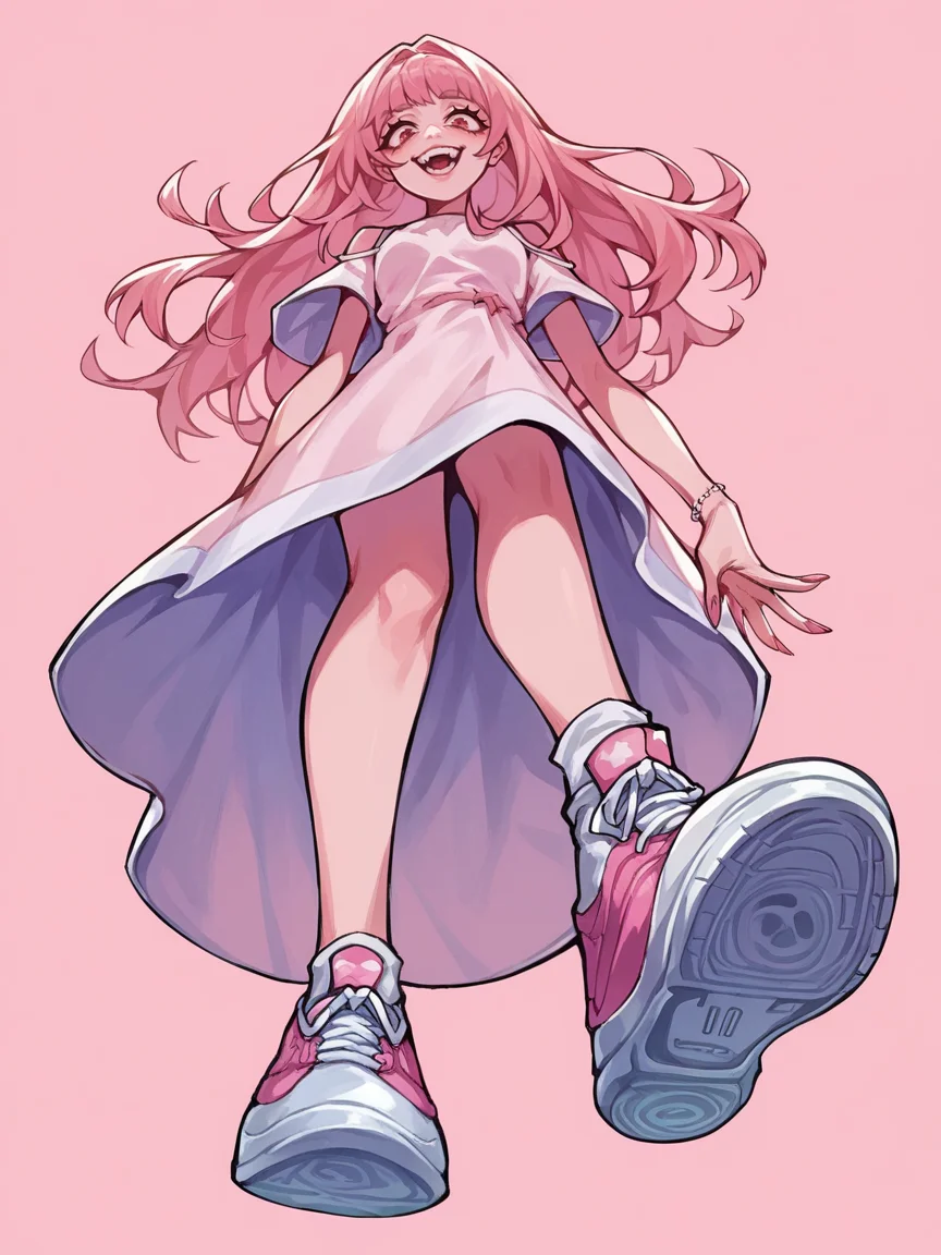 score_9, score_8_up, score_7_up, score_6_up, <lora:y0tt4:1> y0tt4, 1girl, sneakers, from below, yandere, long hair, pink background, dress