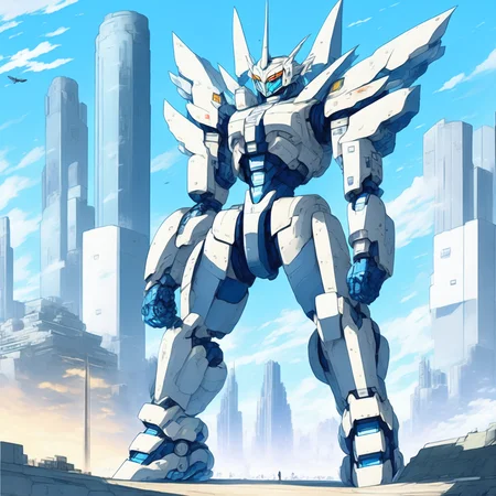 anime Mobile Suit gundam, Mecha standing in an Advanced Cityscape (GundamCityscape style:1) <lora:djzGundamCityscape:0.8)