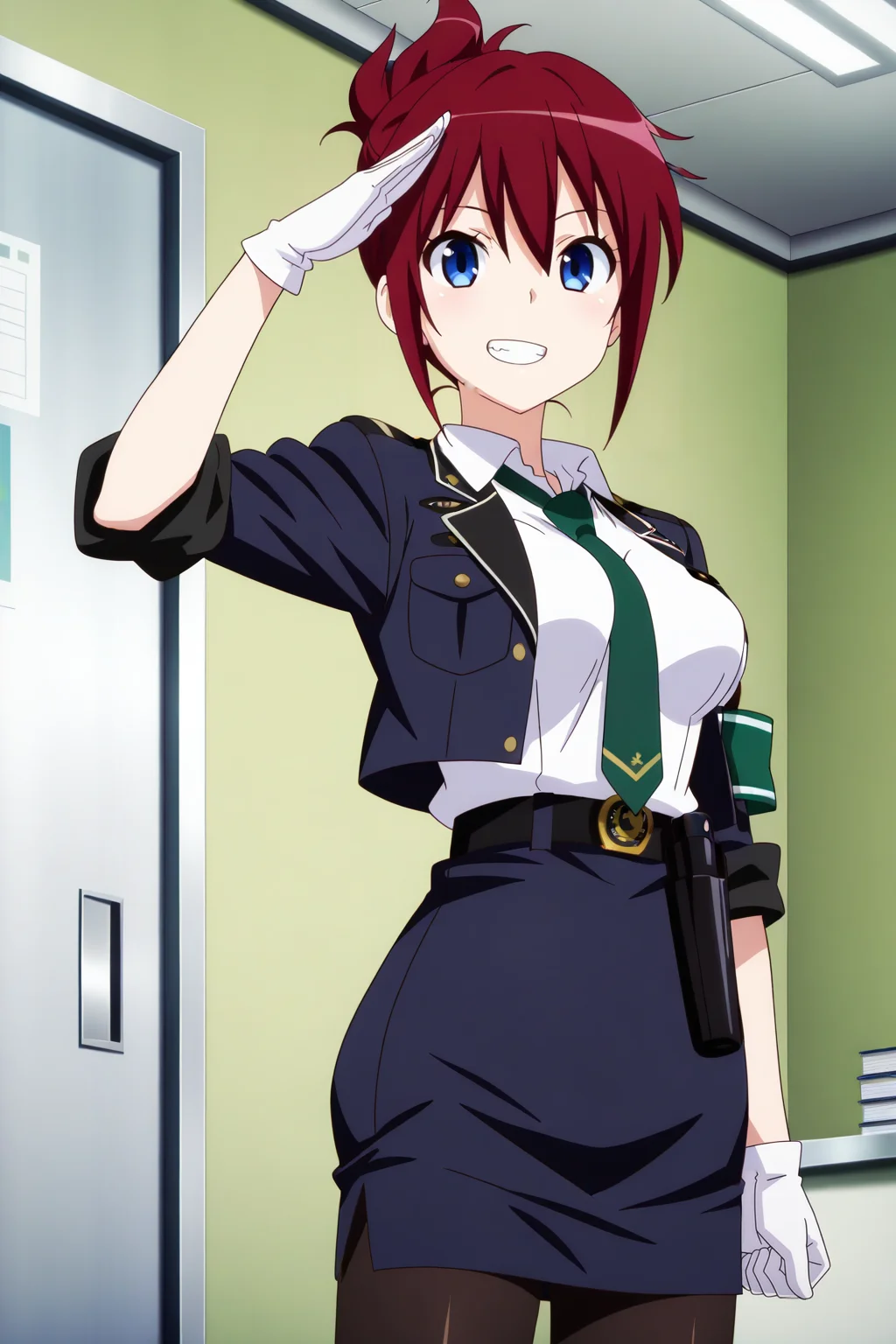 anime screenshot, anime coloring, sakurai aoi, 1girl, solo, red hair, folded ponytail, blue eyes, medium breasts, police uniform, blue jacket, open jacket, white shirt, collared shirt, sleeves rolled up, green necktie, armband, green armband, blue skirt, pencil skirt, black belt, white gloves, holster, black pantyhose, looking at viewer, salute, teeth, smile, cowboy shot, indoors, office, masterpiece, best quality, high quality, highres, absurdres, <lora:sakurai_aoi_ILXL_v2:0.9>
