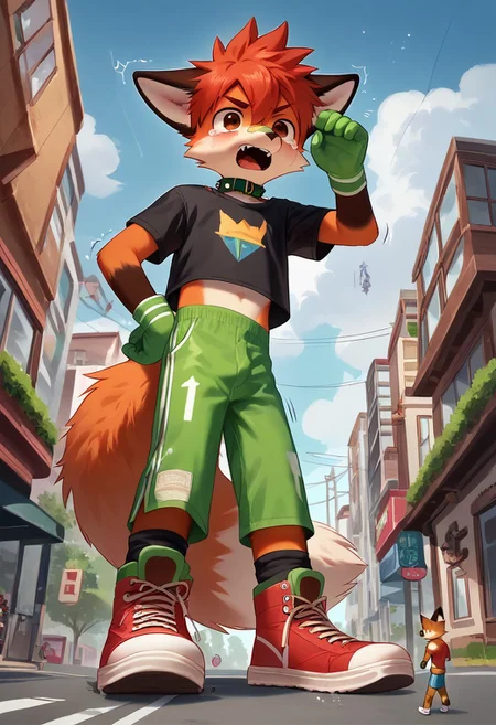 score_9, score_8_up, score_7_up, score_6_up, score_5_up, score_4_up, Anime Style, Shonen Style, Anthro Style, ((HD, High Quality, Masterpiece, High Quality Background, Detailed Background, thick outline)), (((Male, Boy, Young, Young Boy, Cute Boy, anthro fox, cute anthro fox, Pre-Teen, Tween, Twink, Skinny, cute face, Round Face, brown Eyes))), (small body proportions), (Medium Hair, Hair between eyes, Red Hair, Wavy Hair, spiky hair, spiked hair), 1boy, solo, ((Rubber Spandex Pants, Latex Rubber Gloves)), ((Oversized Crop Top, Goggles, band aid on nose, band aid on cheek, Midriff Showing, collar)), latex rubber Boots, Oversized latex rubber Boots, oversized latex rubber sneakers, latex rubber sneakers, ((Emphasize oversized latex rubber Boots, emphasize oversized latex rubber sneakers, Emphasize Latex, Emphasize latex rubber Gloves, Emphasize Goggles)), (((Macro, Giant, Growth, Growing Macro, Growing Giant, Macro Anthro fox, Macro Anthro fox Stomping in a town Street, Macro Anthro fox growing in a town Street, Looming, Macro Anthro fox between town buildings, Giant Looming))), ((Looking down, Screaming, Yelling, Snarling, Angry, growling, Furrowed Eyebrows, Crying in Pain, narrowed eyes, tears, furious)), ((stepping on small cars, stomping)), (((Growth Lines coming off body, Motion Lines showing growth, Motion Lines coming off body))), (Low-Angle Shot), ((Full-Body Shot))