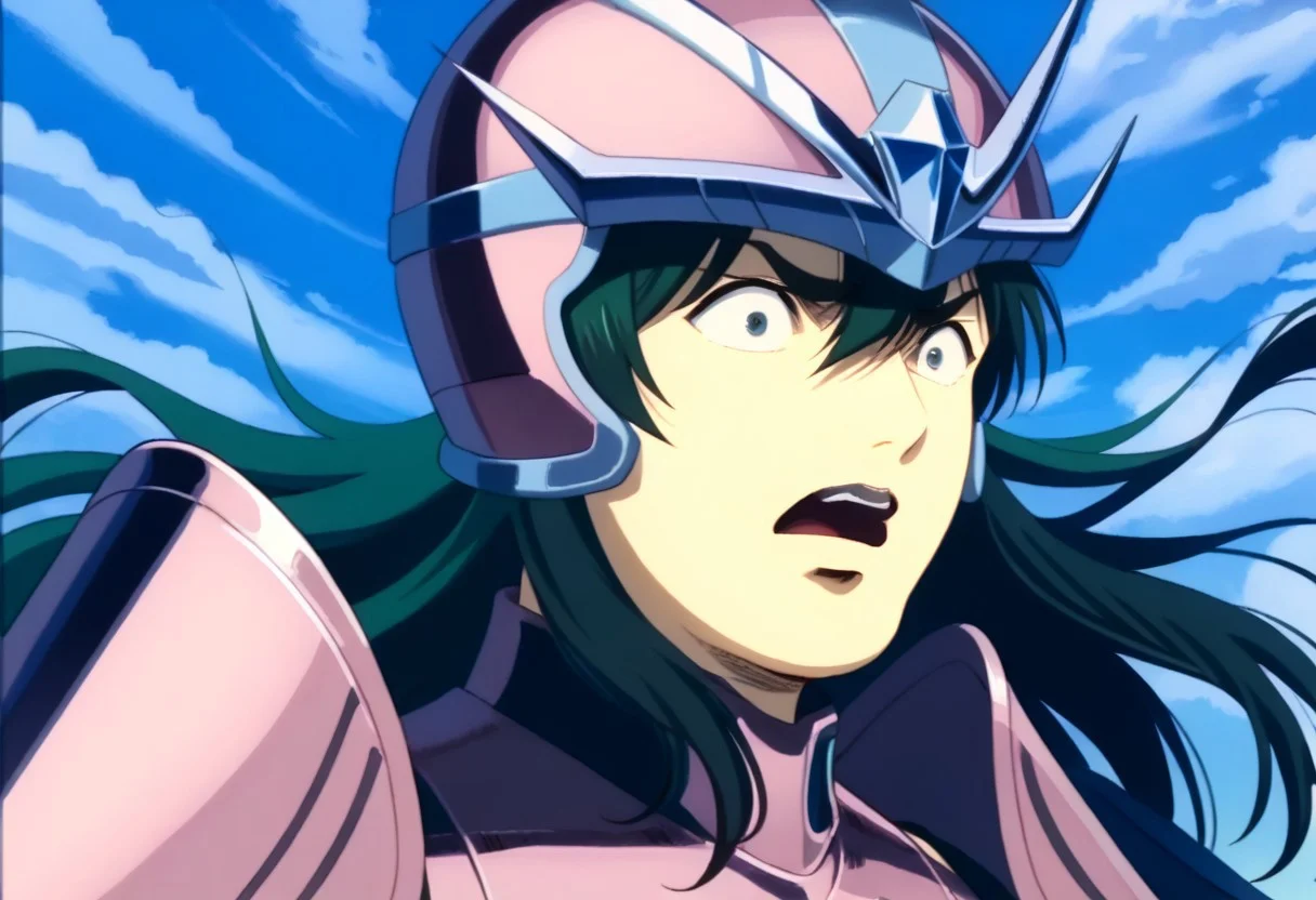 score_9, score_8_up, score_7_up, detailed background, cromartie, 1 boy, shade face, cromartie, anshun, pink sleeveless armor, long wavy green hair, pink helmet with two prongs and silver accents, (shocked:1.2), close up, (solo:1.0)