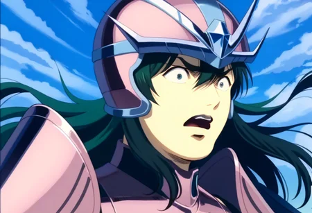 score_9, score_8_up, score_7_up, detailed background, cromartie, 1 boy, shade face, cromartie, anshun, pink sleeveless armor, long wavy green hair, pink helmet with two prongs and silver accents, (shocked:1.2), close up, (solo:1.0)