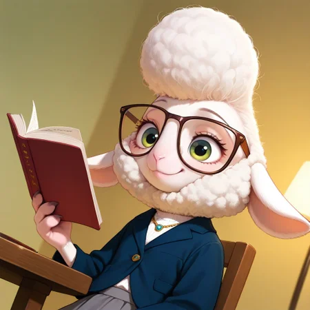 masterpiece, best quality, amazing quality, very aesthetic, high resolution, ultra-detailed, absurdres, newest, scenery, BREAK, detailed background, detailed hair, depth of field, detailed fluffy fur, photorealistic details, volumetric lighting, masterpiece, newest, absurdres, safe, , very aesthetic, absurdres,  dawnBW, anthro, furry female, sheep, animal ears, glasses, brown eyewear, green eyes, white wool, white fur, finger hooves, black hooves, grey skirt, white shirt, dark blue jacket, necklace,  standing, happy, smile, dynamic pose, dynamic angle, dramatic angle, closed mouth, sitting on chair, table in front, upper body, reading book, , <lora:18f3a372-cc22-4446-9e9e-ad5ca42404d8:1.2>