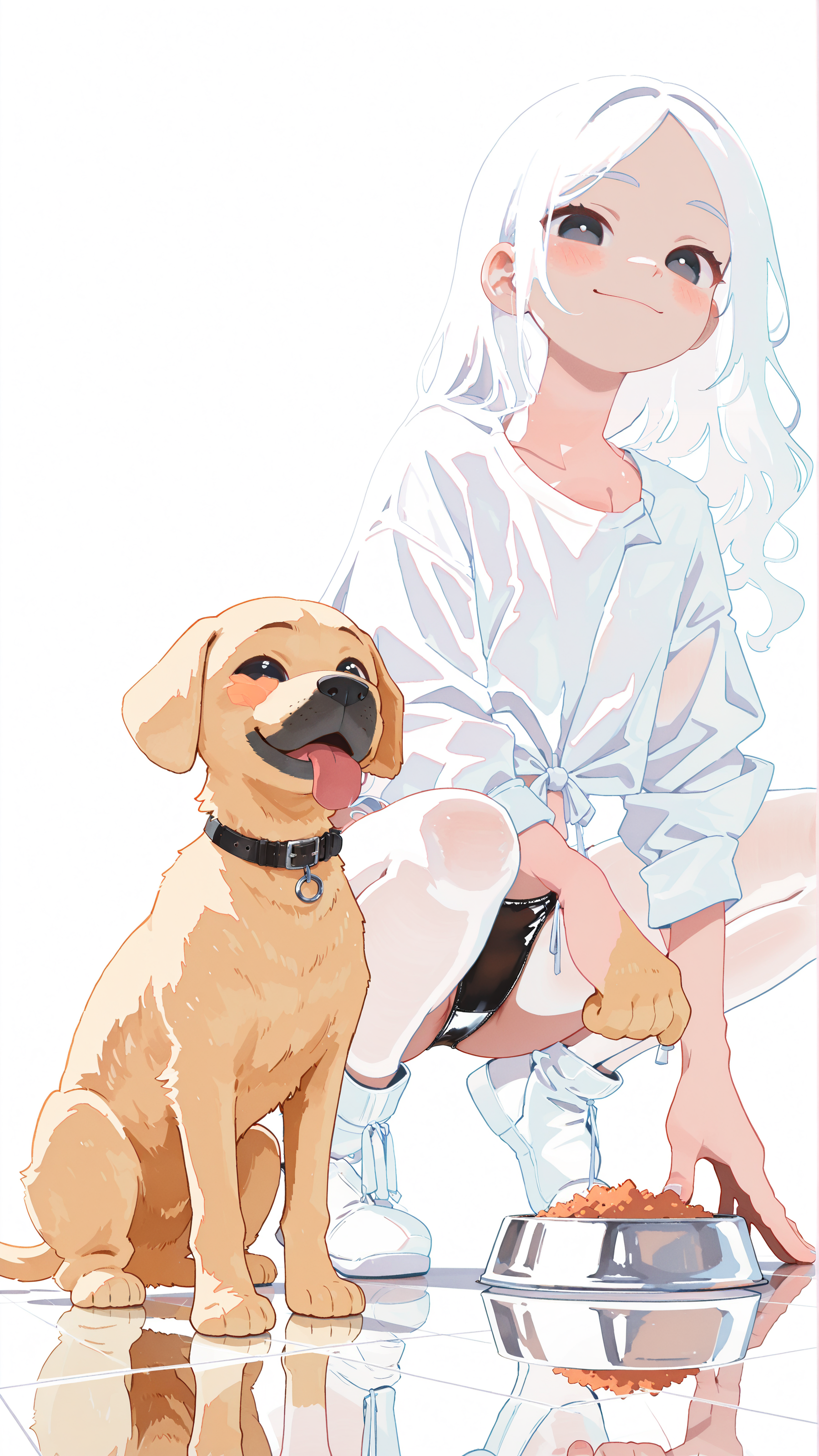 masterpiece, newest,absurdres,incredibly absurdres, best quality, amazing quality, very aesthetic, 
2girls,  leather panties, squatting, reflective floor, side-tie shirt, pet bowl, 1dog, labrador retriever, light smile, 
 <lora:sh1un_style:1> <lora:t4kar4i_shunsuk3:1> t4kar4i_illu, no_outlines, no lineart <lora:Neg4tive_sp4ce:1> white theme, blending,