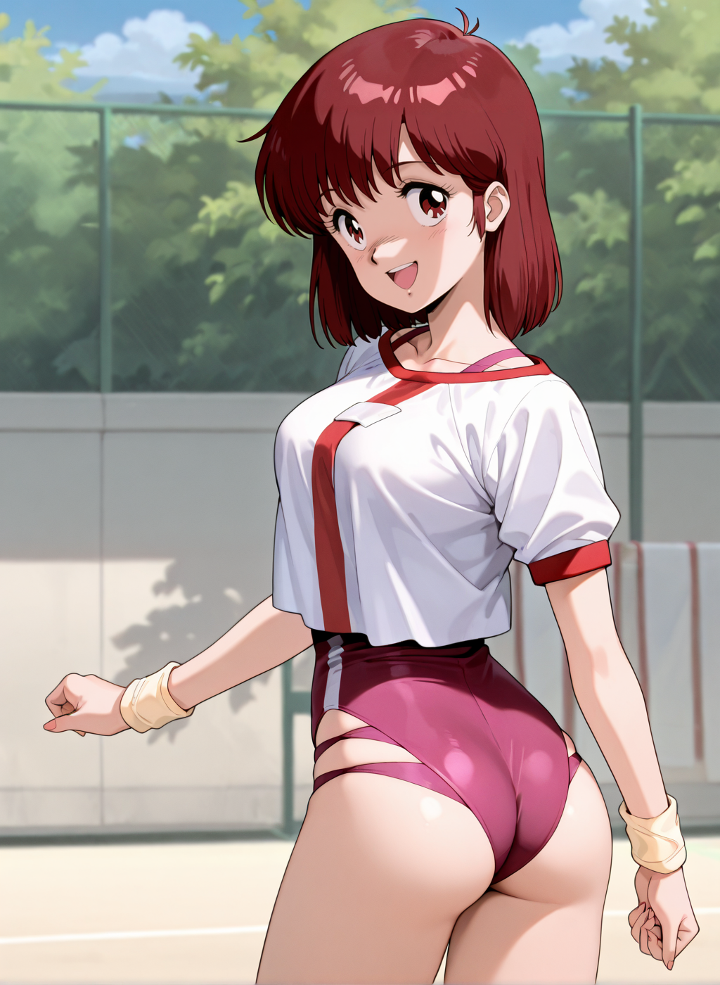 High quality,Ultra detailed,best quality,insanely detailed,beautiful,masterpiece,absurdres,very aesthetic,sensitive BREAK
<lora:takaya_noriko_V1_NOOB:1>,(takaya noriko, top wo nerae, red hair, short hair, brown eyes, 1980s \(style\), retro artstyle),(pink leotard,gym uniform,white shirt,collarbone,wristband,leotard under clothes),1girl,solo,posing,outdoors,standing,from behind,looking back,;d,ass focus,
