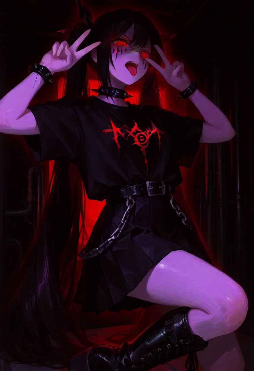 masterpiece, best quality, amazing quality, very aesthetic, absurdres, newest, studio lighting, 1girl, (hatsune miku:0.5), solo, red eyes, glowing eyes, ringed eyes, black hair, [high twintails], very long hair, sidelocks, pale skin,  black shirt, blackmetal style, xerox, (black_metal, face paint:1.3), black pleated skirt, black belt with chains, black studded_bracelet, spiked collar, black hair_ribbons, high platform boots, laced boots, (((double_\n/))), hands up, v-shaped eyebrows, open mouth, tongue out, indoors, black background,