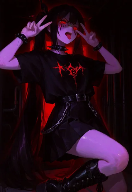 masterpiece, best quality, amazing quality, very aesthetic, absurdres, newest, studio lighting, 1girl, (hatsune miku:0.5), solo, red eyes, glowing eyes, ringed eyes, black hair, [high twintails], very long hair, sidelocks, pale skin,  black shirt, blackmetal style, xerox, (black_metal, face paint:1.3), black pleated skirt, black belt with chains, black studded_bracelet, spiked collar, black hair_ribbons, high platform boots, laced boots, (((double_\n/))), hands up, v-shaped eyebrows, open mouth, tongue out, indoors, black background,