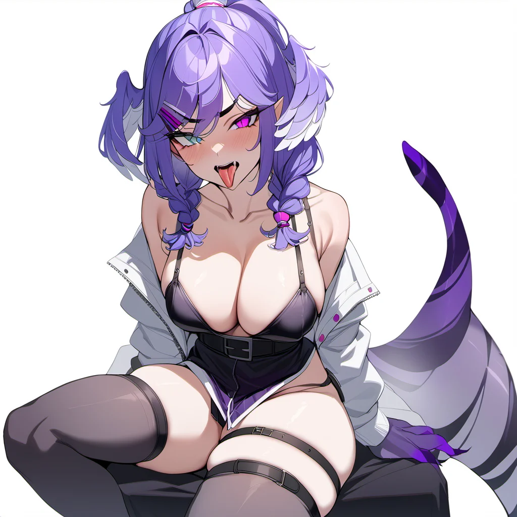 rating: explicit, <lora:Selen_Tatsuki_SDXL:1>, selen tatsuki, braid, twin braids, breasts, jacket, cleavage, thigh strap, thighhighs, tongue, hair ornament, hairclip, white background, ponytail, looking at viewer, sitting, large breasts, black belt, medium breasts, collarbone, belt, masterpiece, best quality