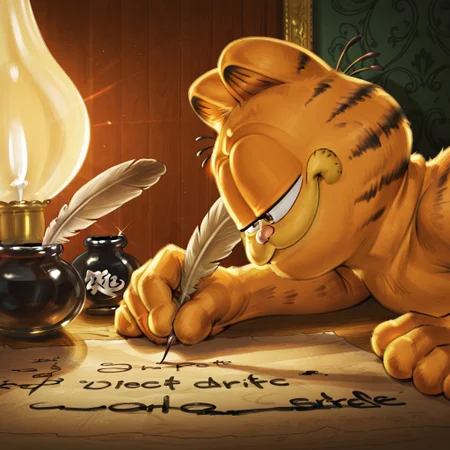 masterpiece, best quality, newest, absurdres, highres, perfect anatomy, 1boy, no humans, garfield, orange fur, brown eyes, cat ears, whiskers, smile, writtenpeak, sidelighting, 1boy, male focus, holding quill, feathers, lamp, inkwell, ink, indoors, writing, looking at object, smile, profile, from side,
