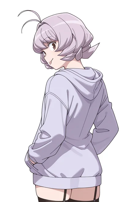 Smooth Quality,masterpiece,very intricate, high quality details, ultra realistic, high detailed skin,detailed enviorement,
simple background, white background,from behind,;p,
 garter straps, ,blazer, ,zip-up hoodie, , <lora:Osana_Najimi_cnn:0.8> osananajimicnn, 1other,short hair, brown eyes, antenna hair, androgynous, light purple hair,