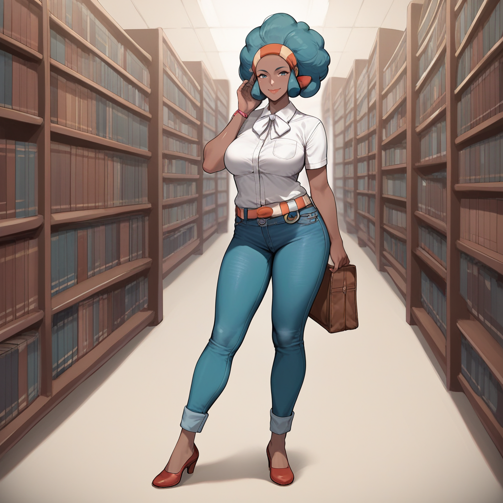 score_9,score_8_up,score_7_up,score_6_up,source_anime,rating_questionable,1girl,  solo, smile, looking at viewer, full body, standing, neutral pose, mature woman,  <lora:Lenora_-_Pokemon_BW:0.8>lenora_bw, 1girl, dark-skinned female, White Shirt, Flared Jeans, Belt, red flat shoes, Library Background, Library Setting,, zPDXL2,