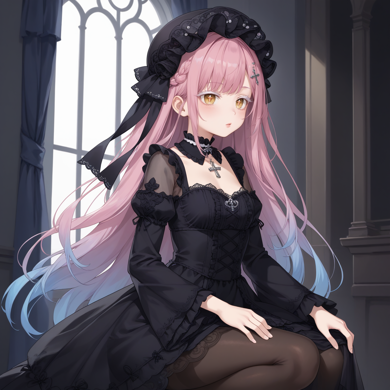 1girl,solo,
(score_9,score_8_up,score_7_up, source_anime,rating_all),
BREAK
(from side:1.1),
on one knee, 
blush,
<lora:hyxkaoru-final-psplive-pony6-flyingdeer-e26p-r2:0.65>,
very long hair,bangs,
(pink hair, (blue hair:0.55), gradient hair, multicolored hair),
hair ornament,
yellow eyes,cross-shaped pupils,
((white eyelashes:1.05), (white eyelash:1.05)),
(necklace, jewelry, (purple gem:0.15)),
((gothic fashion:0.1), (gothic gothic:0.1)),
HYXKaoruBlack,
(black headwear, see-through headwear),
(see-through dress, frills, lace trim),
(detached collar, black choker, lace choker),
(long dress, black dress, long sleeves, wide sleeves),
black ribbon,
(pantyhose, black pantyhose, (black stockings:0.55)),
BREAK
(gothic:0.55),