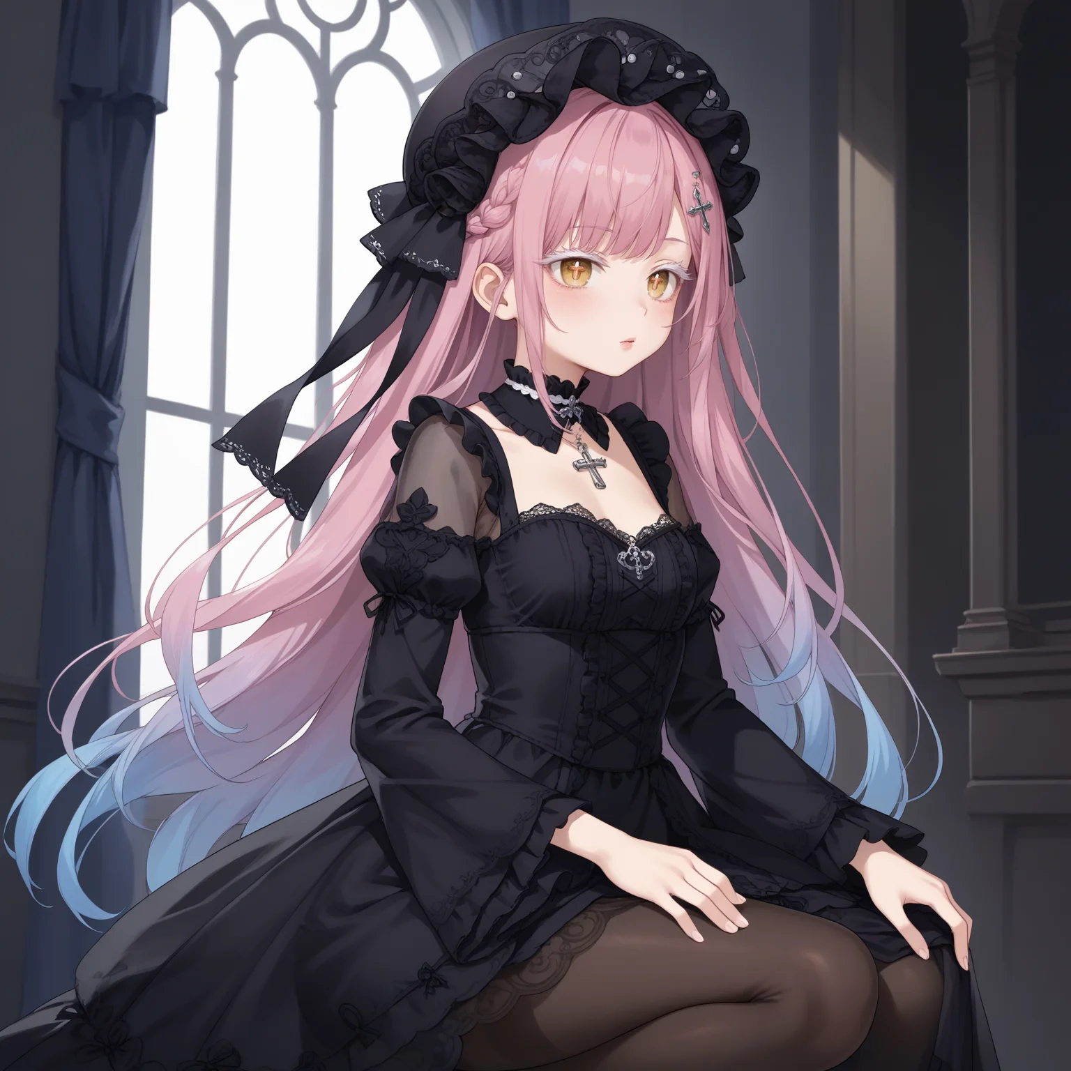 1girl,solo,
(score_9,score_8_up,score_7_up, source_anime,rating_all),
BREAK
(from side:1.1),
on one knee,
blush,
<lora:hyxkaoru-final-psplive-pony6-flyingdeer-e26p-r2:0.65>,
very long hair,bangs,
(pink hair, (blue hair:0.55), gradient hair, multicolored hair),
hair ornament,
yellow eyes,cross-shaped pupils,
((white eyelashes:1.05), (white eyelash:1.05)),
(necklace, jewelry, (purple gem:0.15)),
((gothic fashion:0.1), (gothic gothic:0.1)),
HYXKaoruBlack,
(black headwear, see-through headwear),
(see-through dress, frills, lace trim),
(detached collar, black choker, lace choker),
(long dress, black dress, long sleeves, wide sleeves),
black ribbon,
(pantyhose, black pantyhose, (black stockings:0.55)),
BREAK
(gothic:0.55),