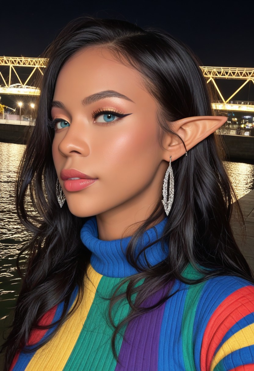 score_9, score_8_up, score_7_up, portrait, beautiful college elf, chindopanlok, close-up, colourful multi-coloured dress sweater, navel, evening bridge, illuminated in a flood of luminous warm-toned lights, razor-sharp realism with shimmer detail and a seductive fashion editorial vibe, face focus, pointy ears