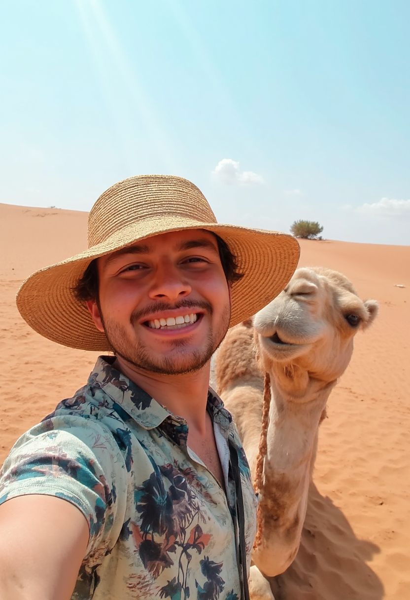 photo selfie of tourist man in a straw hat and a hawaii shirt in the desert smiling, with a camel looking over his shoulder, harsh sunlight<lora:mobile-000081:1>