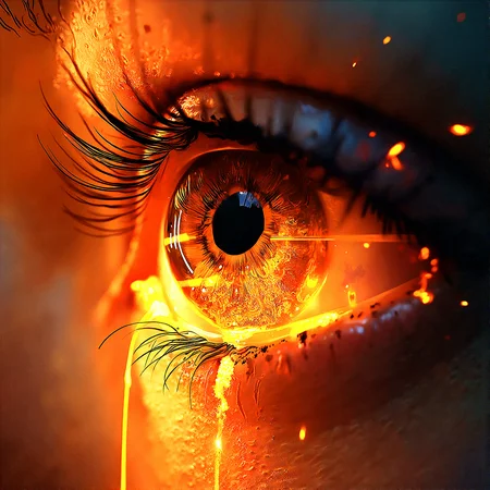 Extremely realistic depiction of an eyeball on extreme fire with tears of lava running down