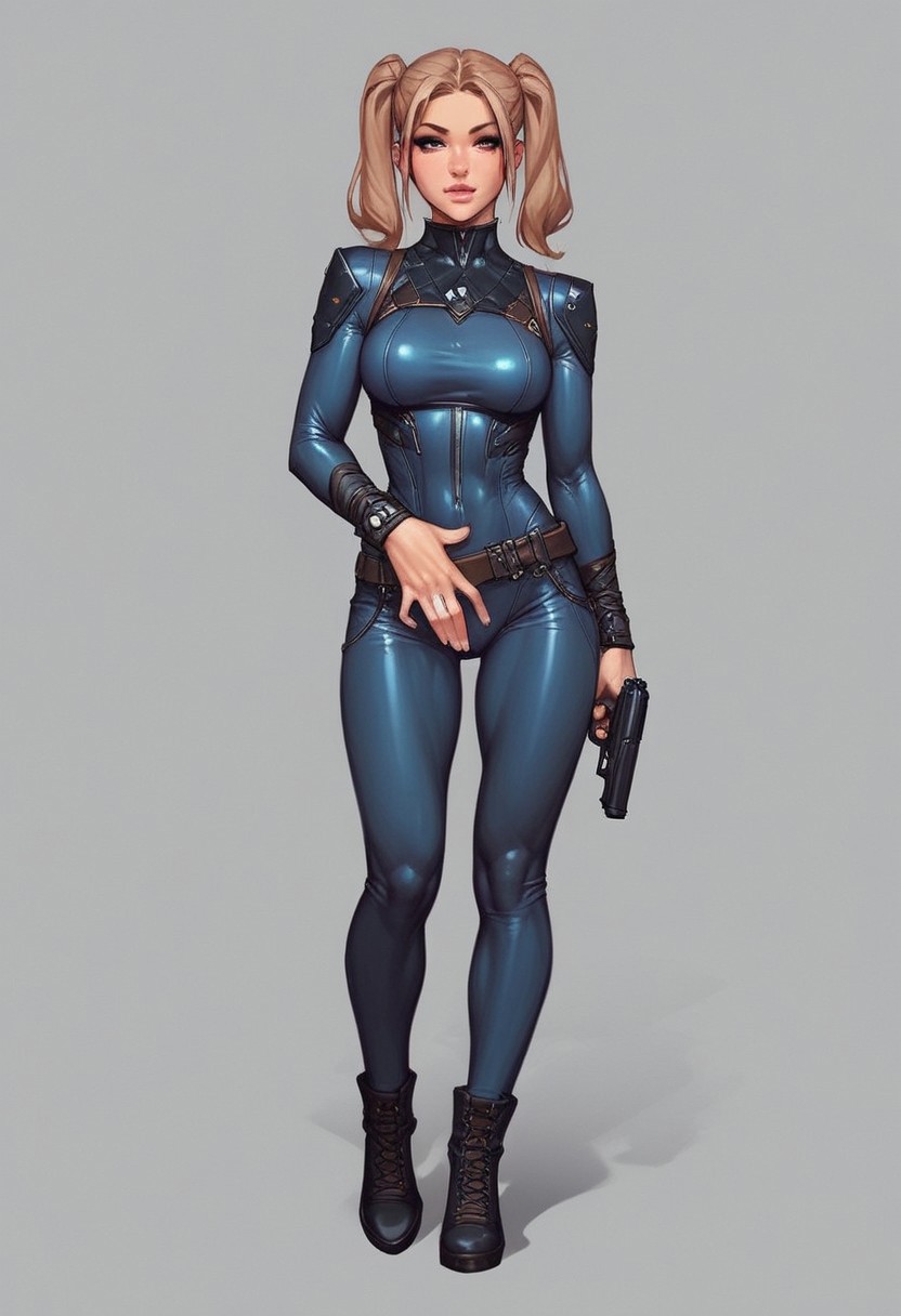 masterpiece, best quality, cowboy shot, French, stunning, 29yo, adult woman, light brown hair, uneven twintails, slender, Steel Teal bodysuit,
[EyeDetail, fFaceDetail,]
((full-clothed)), ((long big pistol in hands, handgun in hands))
BREAK 
strange world background score_9, score_8_up, score_7_up, score_6_up, source_cartoon, rating_explicit, Expressiveh, (((((full body))))), dynamic pose
