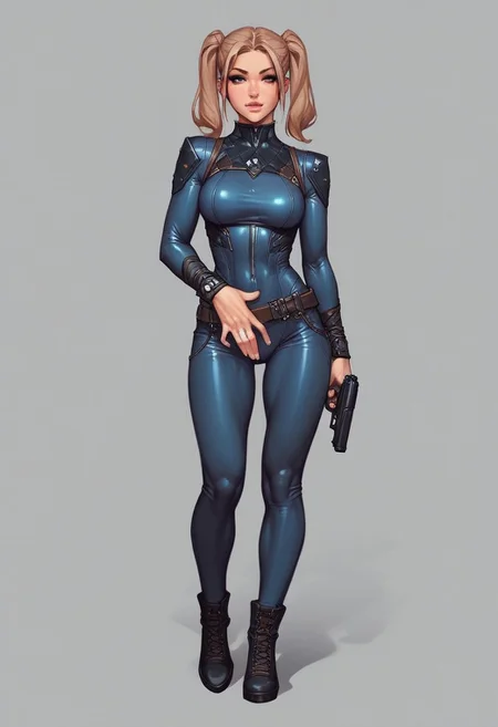 masterpiece, best quality, cowboy shot, French, stunning, 29yo, adult woman, light brown hair, uneven twintails, slender, Steel Teal bodysuit,
[EyeDetail, fFaceDetail,]
((full-clothed)), ((long big pistol in hands, handgun in hands))
BREAK 
strange world background score_9, score_8_up, score_7_up, score_6_up, source_cartoon, rating_explicit, Expressiveh, (((((full body))))), dynamic pose