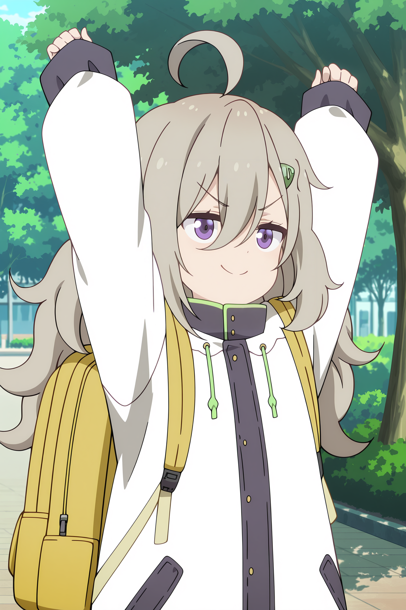 volumetric lighting, official style, amazing quality, ultra detailed, highres, detailed background, anime screenshot, anime screencap, anime coloring, masterpiece, detailed face,1girl  <lora:Tsutsuji_Higa__-25:0.9>Tsutsuji_Higa, Tsutsuji_Higa(Outfit 2), backpack, solo, arms up, outdoors, purple eyes, white and black jacket with green trim, bag, hair between eyes, ahoge, hairclip, hair ornament, closed mouth, smile, long sleeves, long hair, bangs, tree, day, grey hair, v-shaped eyebrows, sleeves past wrists
