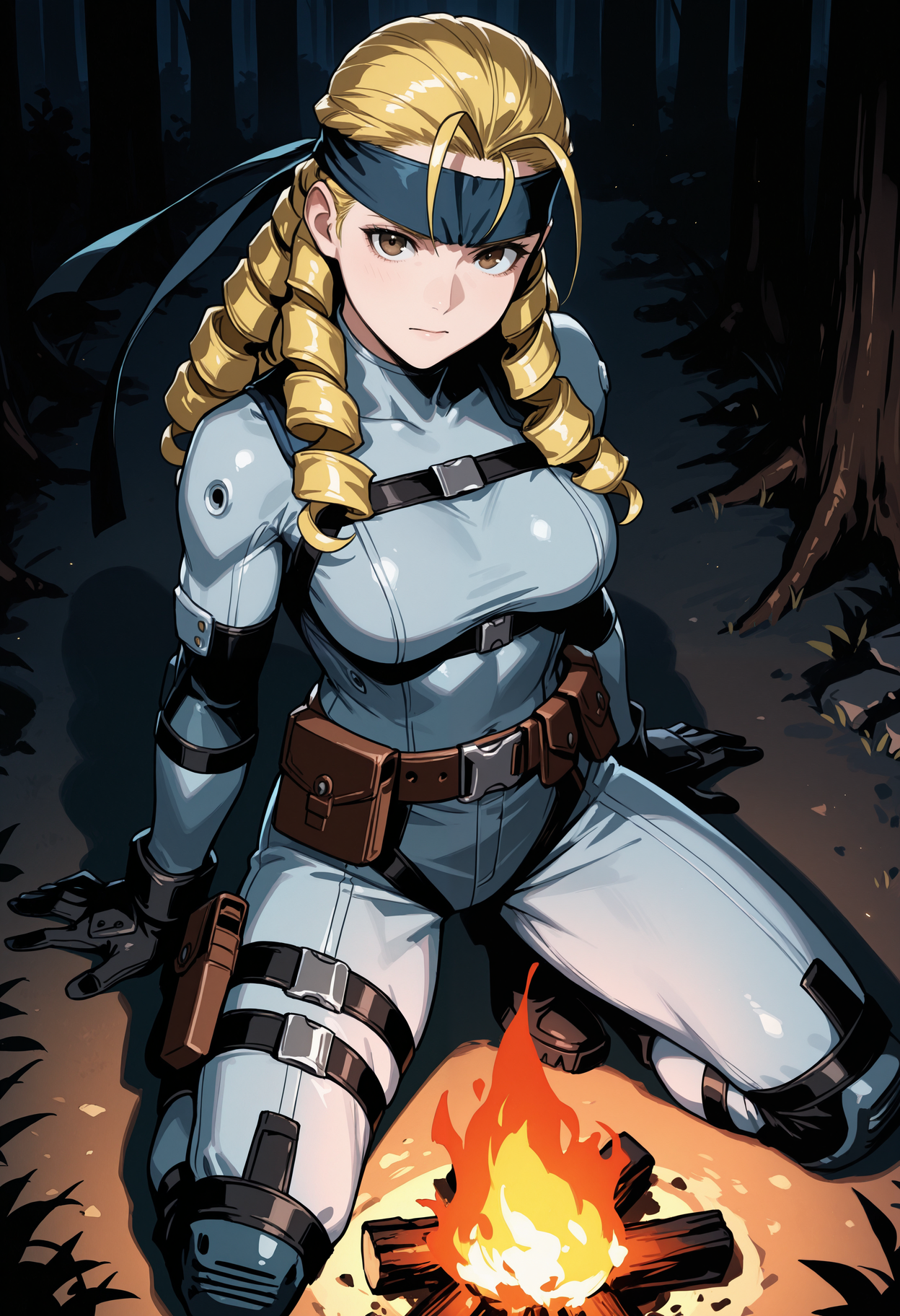 masterpiece, best quality, 1girl, solo, fkrn, blonde hair, ringlets, hair pulled back, antenna hair, dark blue headband, grey bodysuit, harness, solidsnk, campfire, outdoors, night, nature, forest, dark theme, kneeling, brown eyes, belt pouch, black gloves, from above, dim lighting, dark background, looking at viewer, black boots, arm support