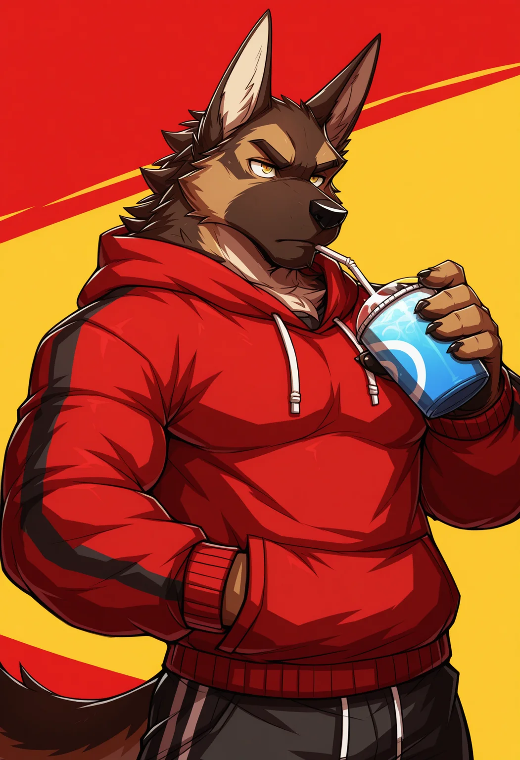 DRKS, solo, male focus, bara, furry, anthro, brown dog, german shepherd, muscular, big pecs, broad shoulders, three tone body, yellow eyes, hand in pocket, drinking straw, serious, sportswear, red hoodie, multicolored background, abstract background, detailed, perfect anatomy, masterpiece, best quality, good quality, newest, very aesthetic, <lora:DRKS_Style_V1_ILXL:1>