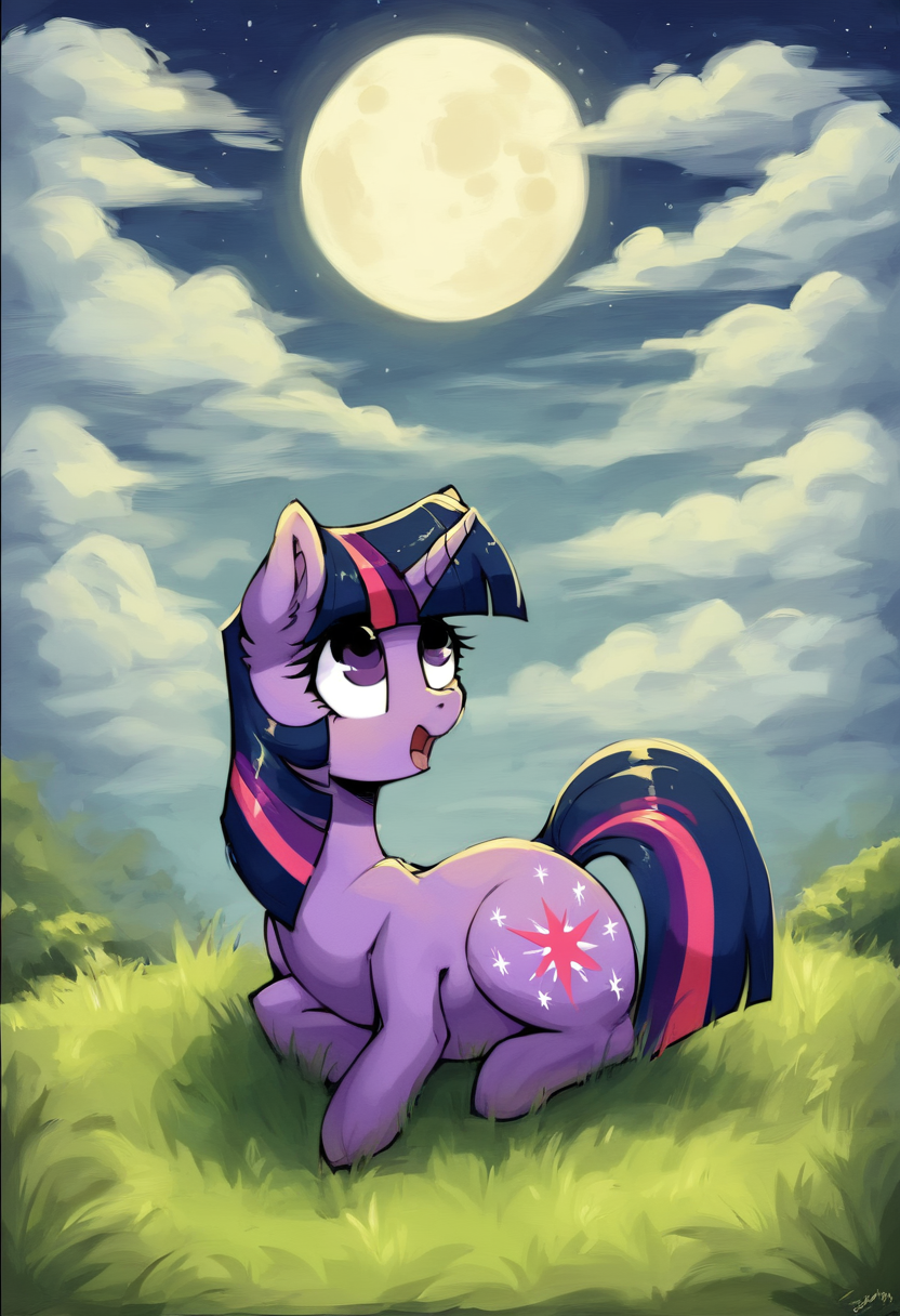Oil painting of the silhouette of Twilight Sparkle, looking up from a field, a deep purple harvest moon in the midnight black night sky, uneasy feeling,  <lora:Pony_MLP_v1.5:1> <lora:Mystery_Inc_Backgrounds:1>