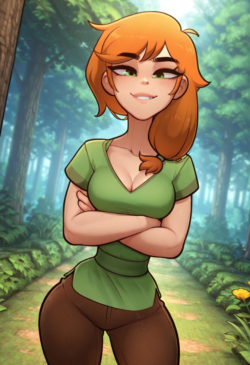 masterpiece, best quality, amazing quality, very aesthetic, absurdres, diives,
masterpiece, high quality, BREAK, dynamic angle, 1girl, solo, alexhc, orange hair, green eyes, green shirt, cleavage, brown pants, arms crossed, looking at viewer, smirk, forest, detailed scenery
,diives